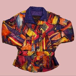 80’s style multi-colored long sleeve puffer jacket w/ gold colored hardware